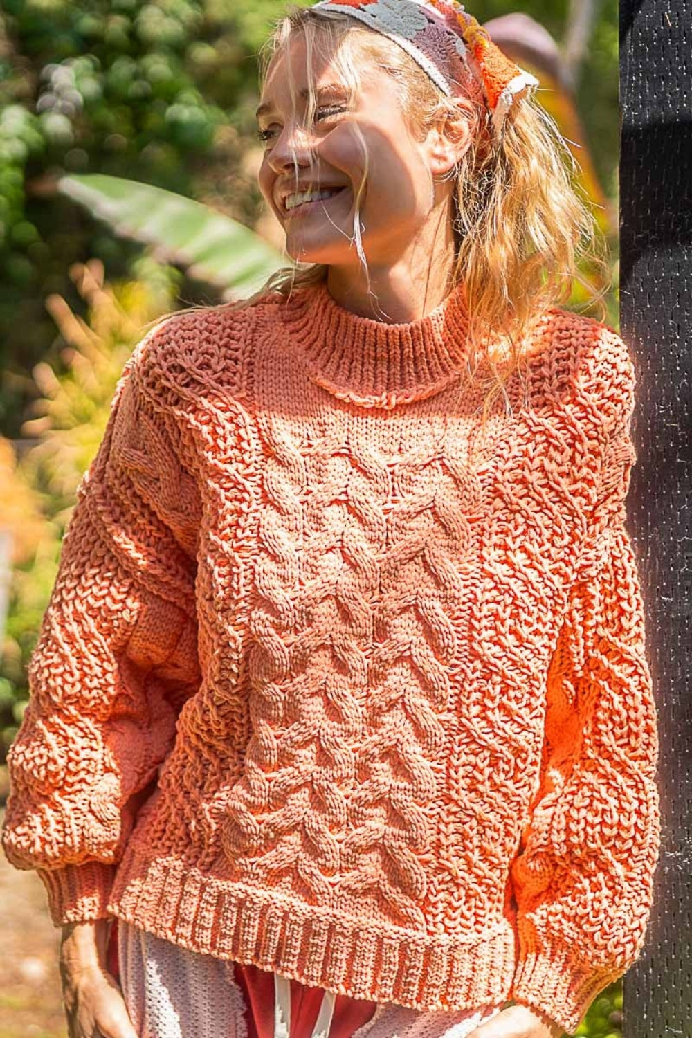 Coral Tangerine POL Mock Neck Cable Knit Sweater