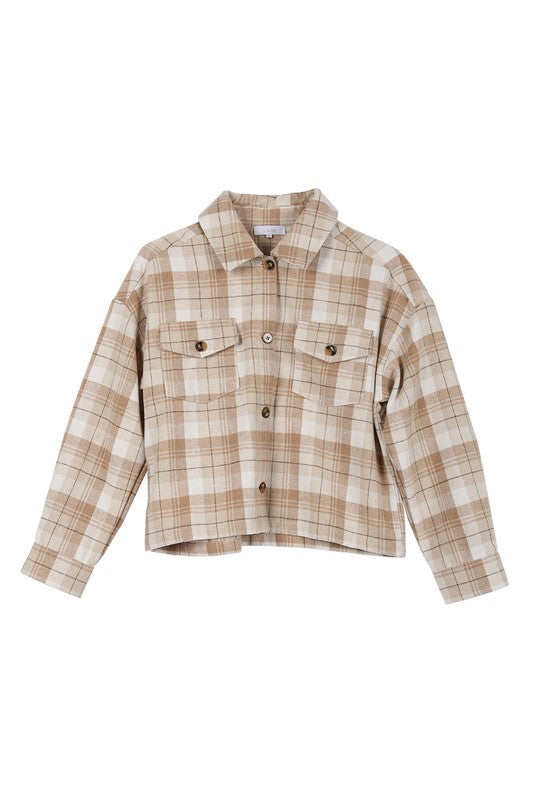 Plaid Long Sleeve Short Shacket with Pockets