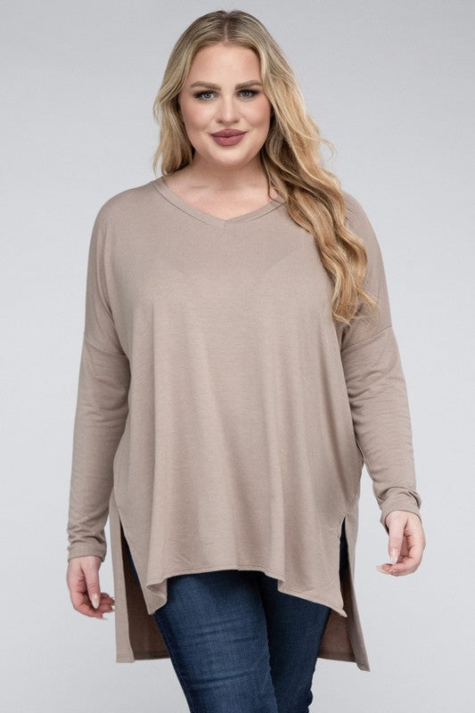 Plus Dolman Sleeve V-Neck Side Slit Hi-Low Hem Top king-general-store-5710.myshopify.com