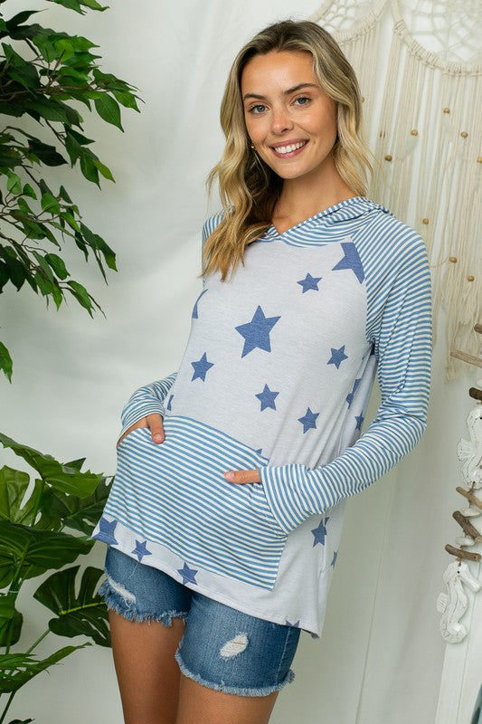 Stars & Stripe Jersey Pocket Hoodie Top