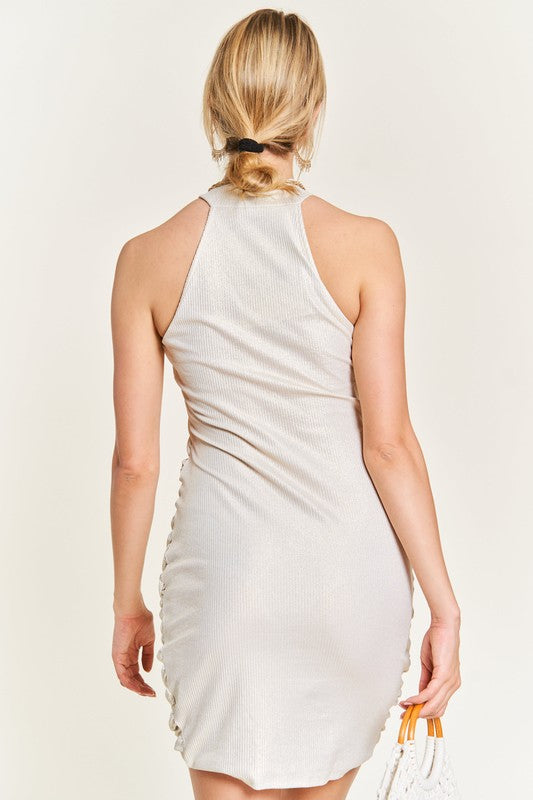 Plus Foggy Foil Overlap Shirred Mini Dress