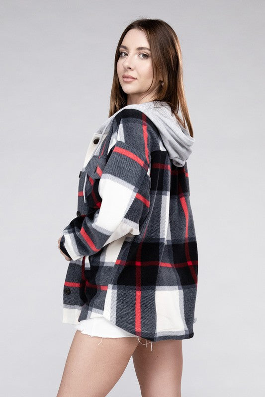 Plaid Drawstring Hooded Fleece Shacket king-general-store-5710.myshopify.com