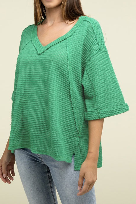 Brushed Waffle Exposed-Seam 3/4 Sleeve Top