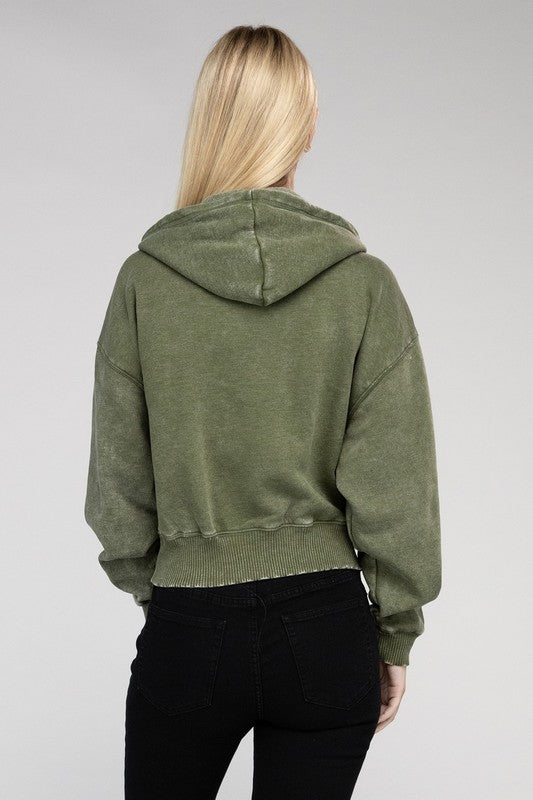 Acid Wash Fleece Cropped Zip-Up Hoodie king-general-store-5710.myshopify.com