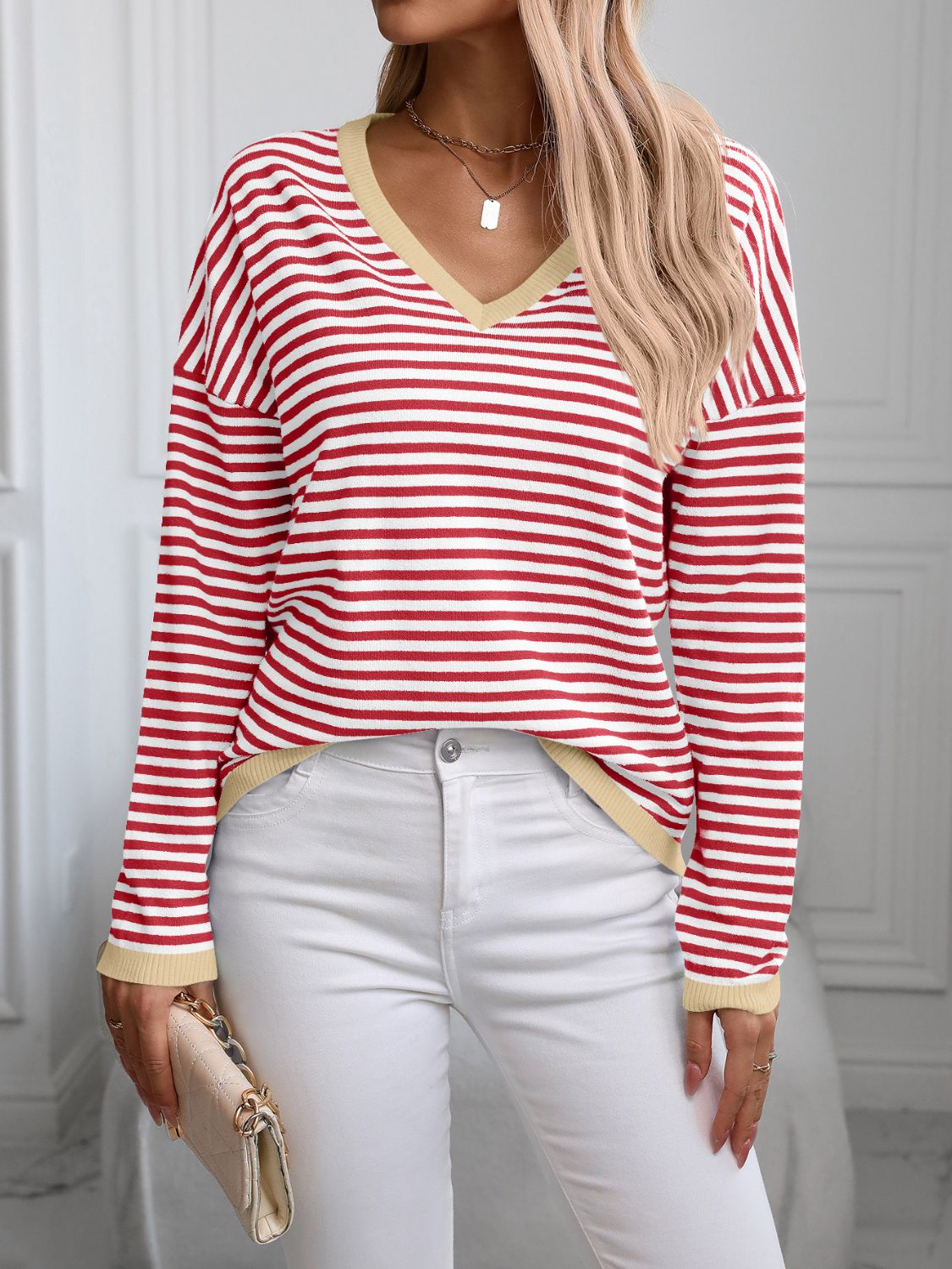 Contrast Trim Striped V-Neck Long Sleeve Knit Top