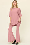 Double Take Full Size Round Neck Drop Shoulder T-Shirt and Flare Pants Set