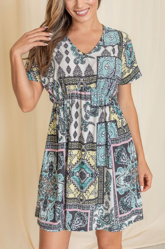 Patchwork V-Neck Dolman Sleeve Dress