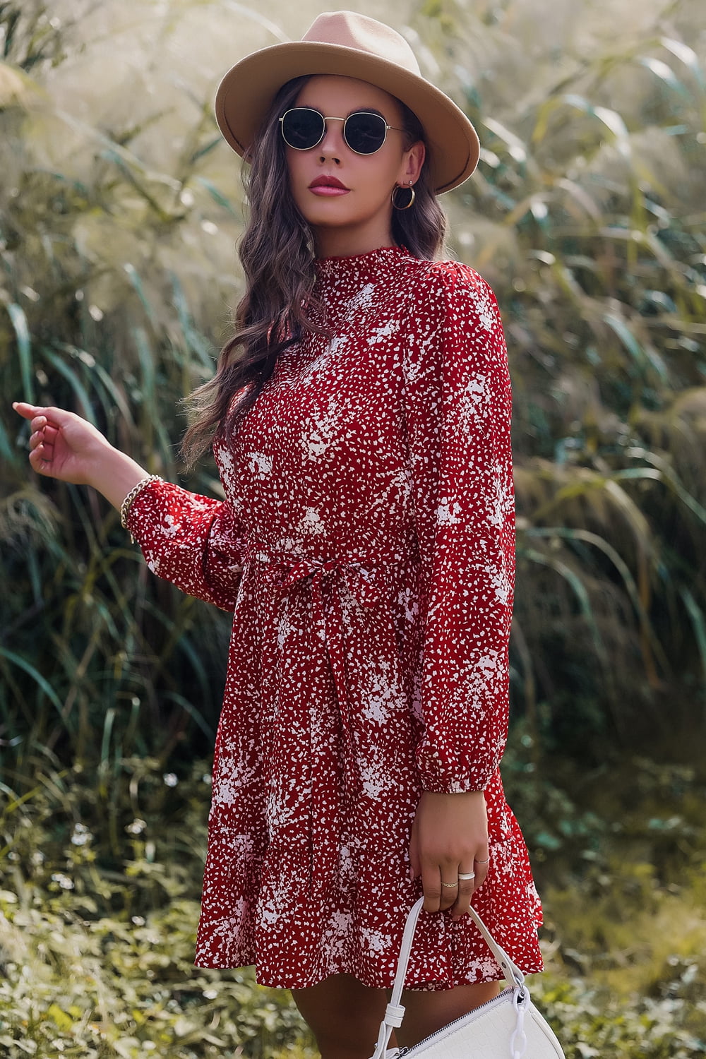 Honey Printed Mock Neck Long Sleeve Tie Waist Mini Dress