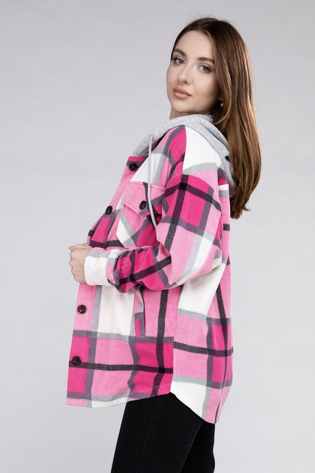 Plaid Drawstring Hooded Fleece Shacket king-general-store-5710.myshopify.com