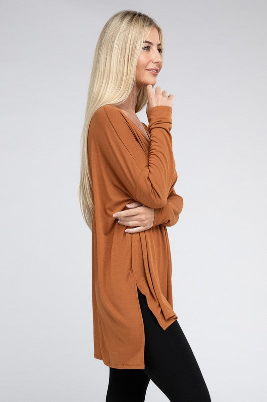 Dolman Long Sleeve V-Neck Side Slit Hi-Low Hem Top king-general-store-5710.myshopify.com