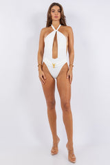 One Piece Bathing Suit with Deep Open Back and Belt on Waist