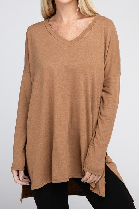 Dolman Long Sleeve V-Neck Side Slit Hi-Low Hem Top king-general-store-5710.myshopify.com