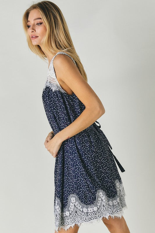 Printed Sleeveless Lace Trim Mini Dress king-general-store-5710.myshopify.com