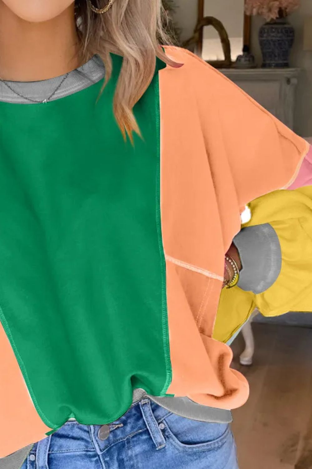 Color Block Round Neck Long Sleeve Top