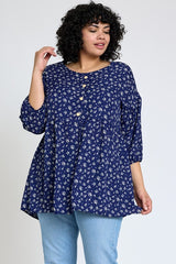 Lightweight Button Accent Ditsy Floral Tunic Top