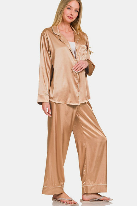 Zenana Satin Long Sleeve Shirt and Pants Pajama Set