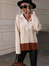 Double Take Color Block Half-Zip Dropped Shoulder Knit Pullover king-general-store-5710.myshopify.com