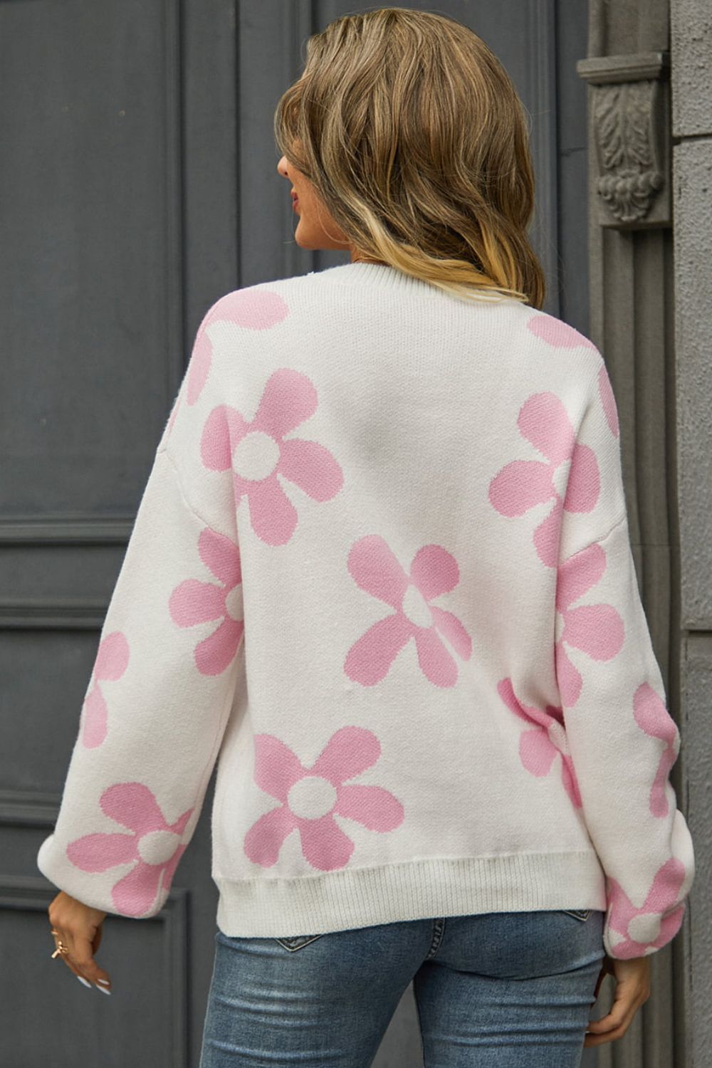 Floral Print Round Neck Dropped Shoulder Pullover Sweater king-general-store-5710.myshopify.com