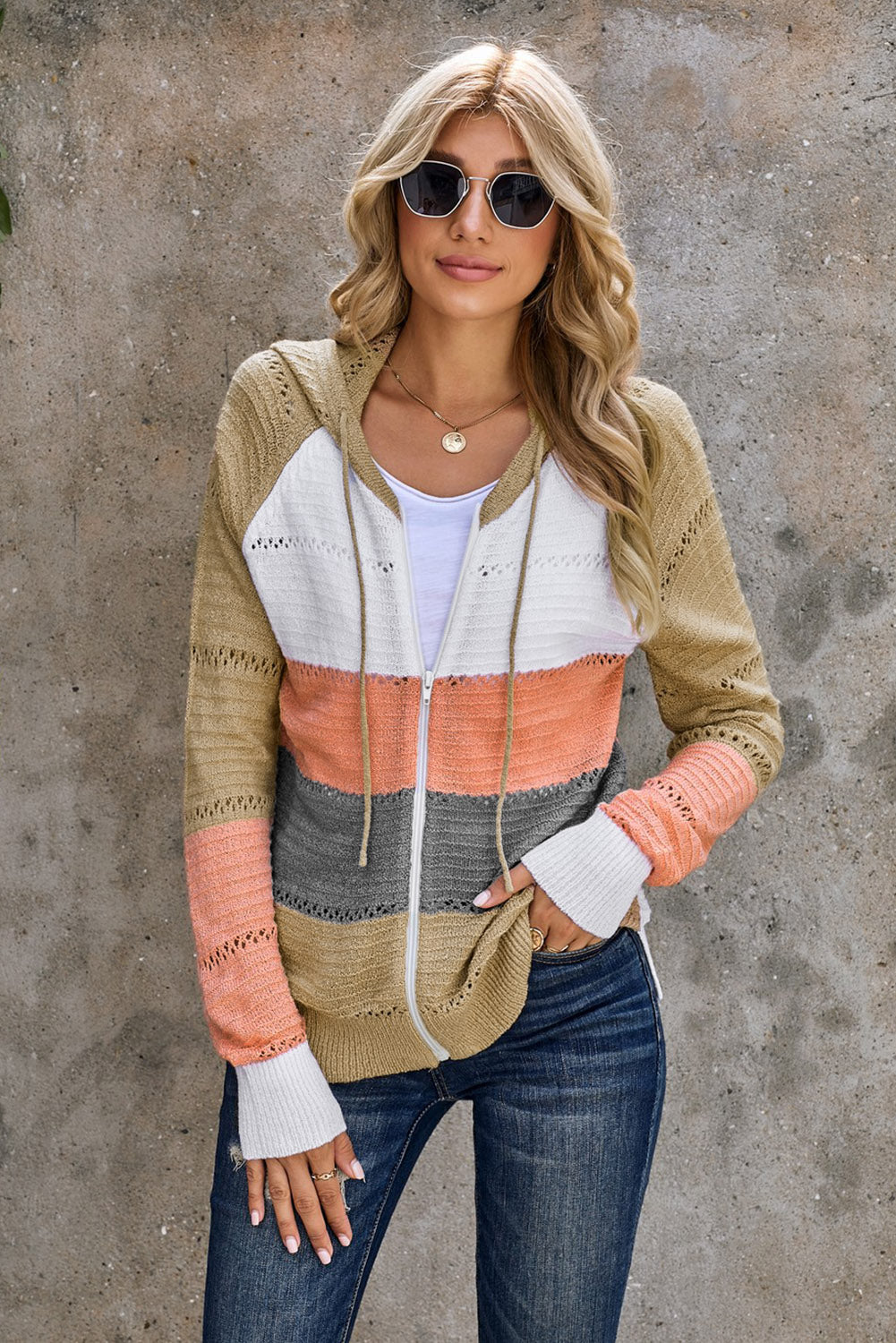 Zip-Up Raglan Sleeve Openwork Hooded Cardigan king-general-store-5710.myshopify.com