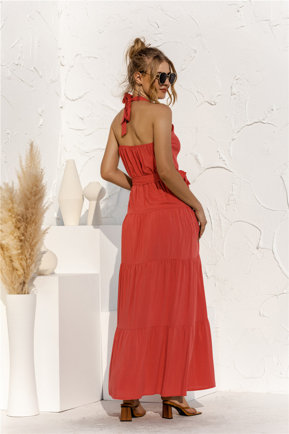 Halter Neck Tie Waist Tiered Maxi Dress king-general-store-5710.myshopify.com