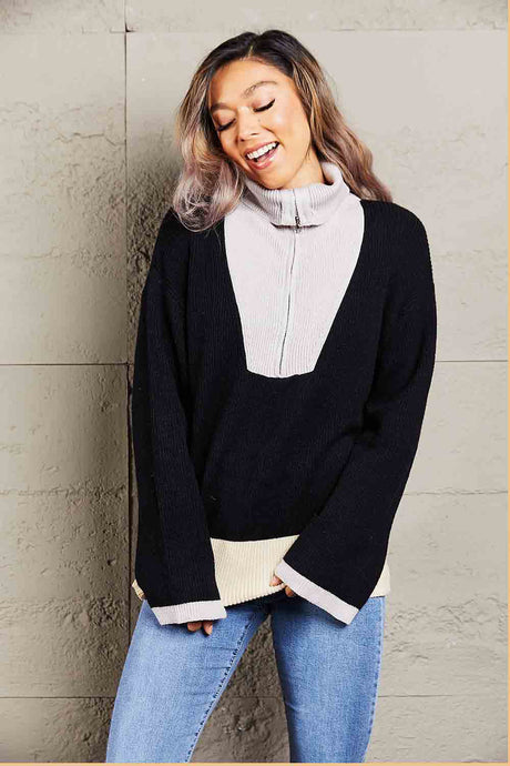 Double Take Color Block Half-Zip Dropped Shoulder Knit Pullover king-general-store-5710.myshopify.com