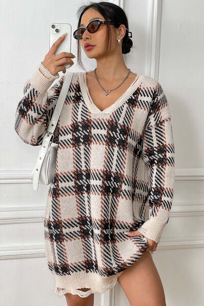 Plaid V-Neck Long Sleeve Sweater Dress king-general-store-5710.myshopify.com