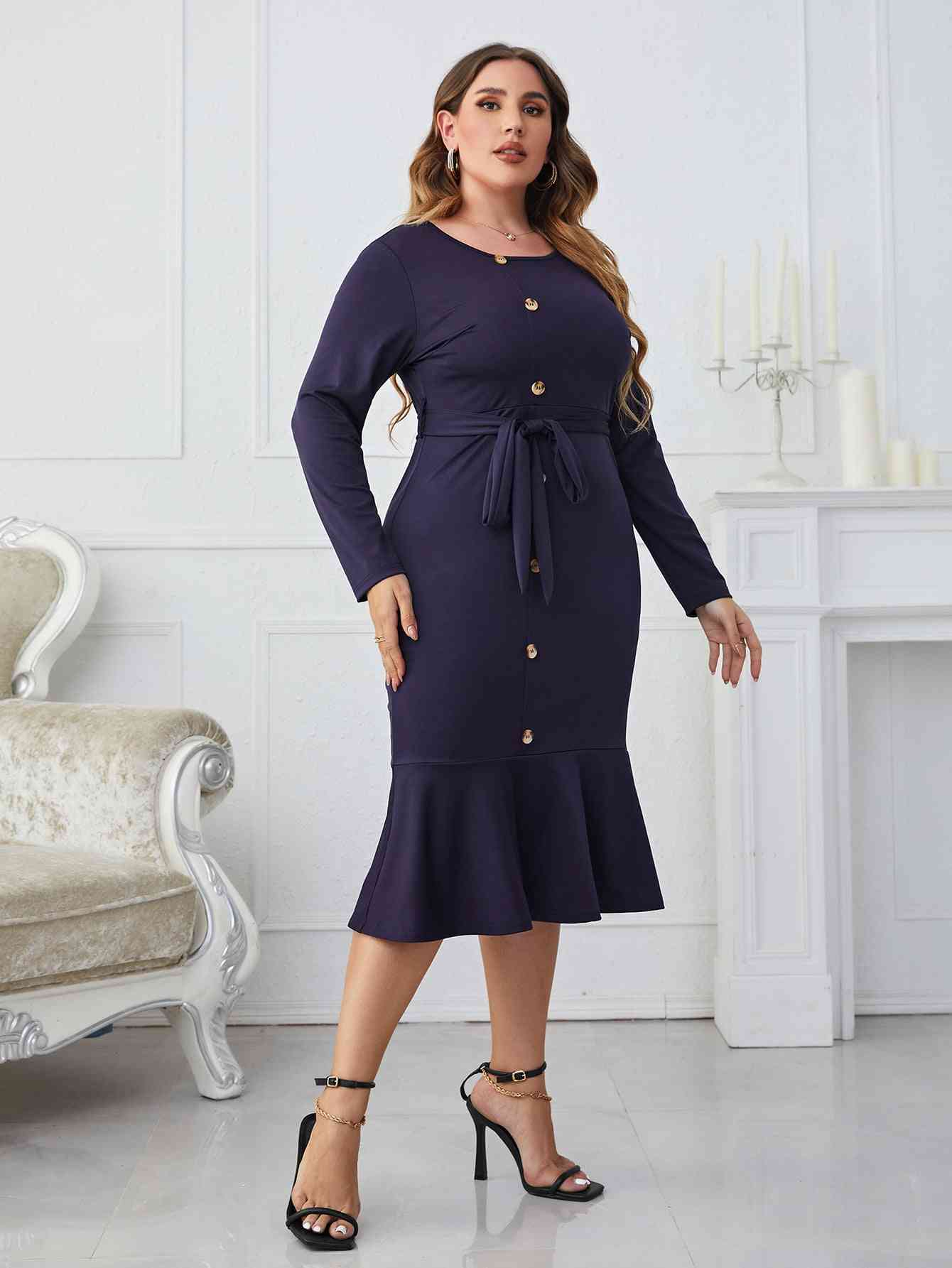 Melo Apparel Plus Size Buttoned Round Neck Tie Belt Midi Dress king-general-store-5710.myshopify.com