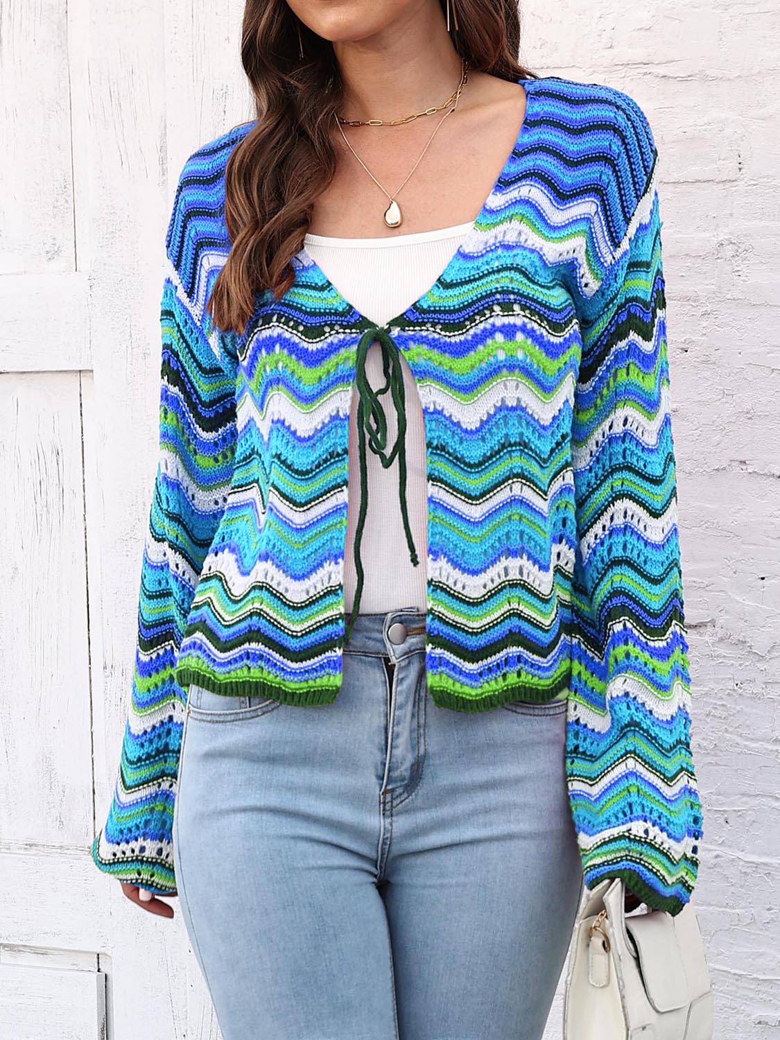 Striped Openwork Tied Cardigan king-general-store-5710.myshopify.com