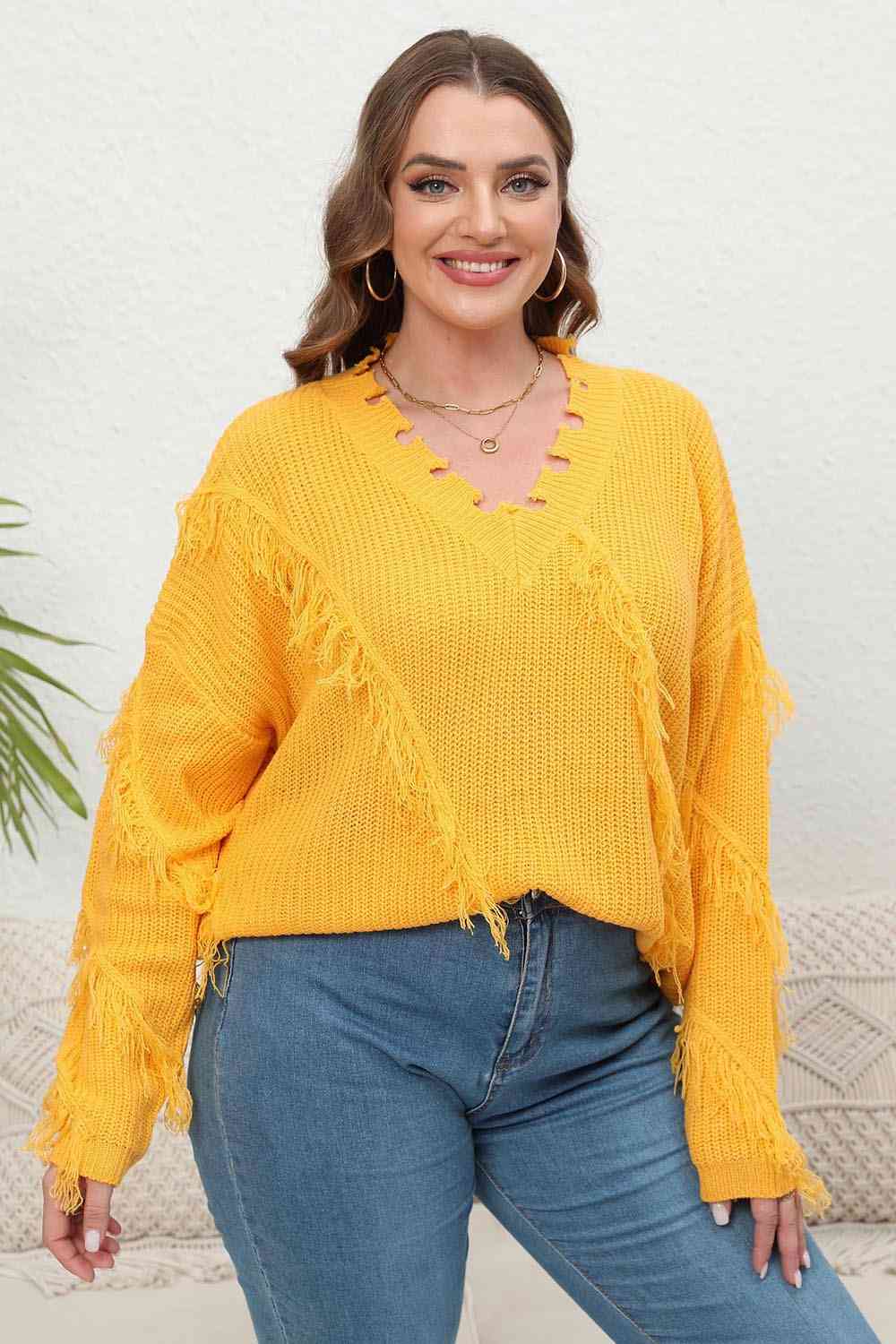 Plus Size Fringe V-Neck Long Sleeve Sweater king-general-store-5710.myshopify.com