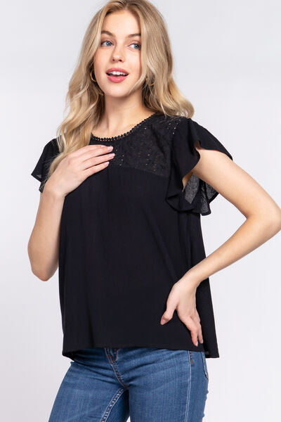 ACTIVE BASIC Ruffle Short Sleeve Crochet Blouse king-general-store-5710.myshopify.com