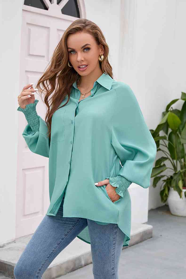 High-Low Collared Neck Lantern Sleeve Shirt king-general-store-5710.myshopify.com