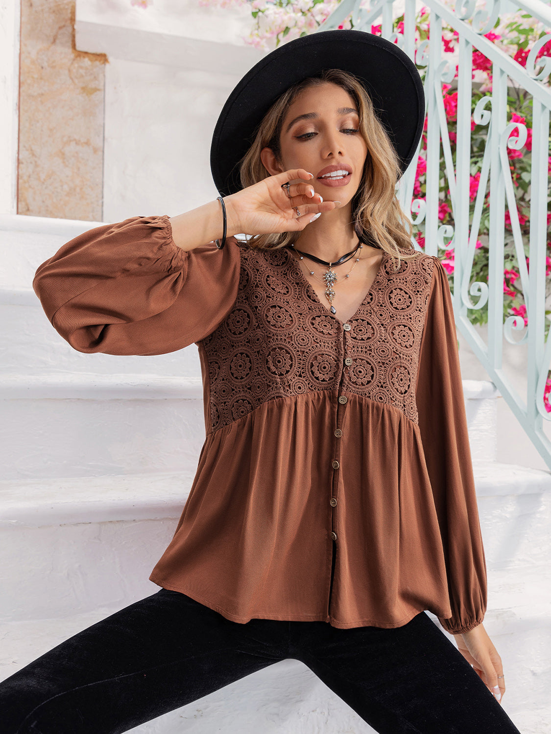 Printed V-Neck Long Sleeve Blouse king-general-store-5710.myshopify.com