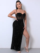 Sequin Spliced Mesh Adjustable Strap Dress king-general-store-5710.myshopify.com