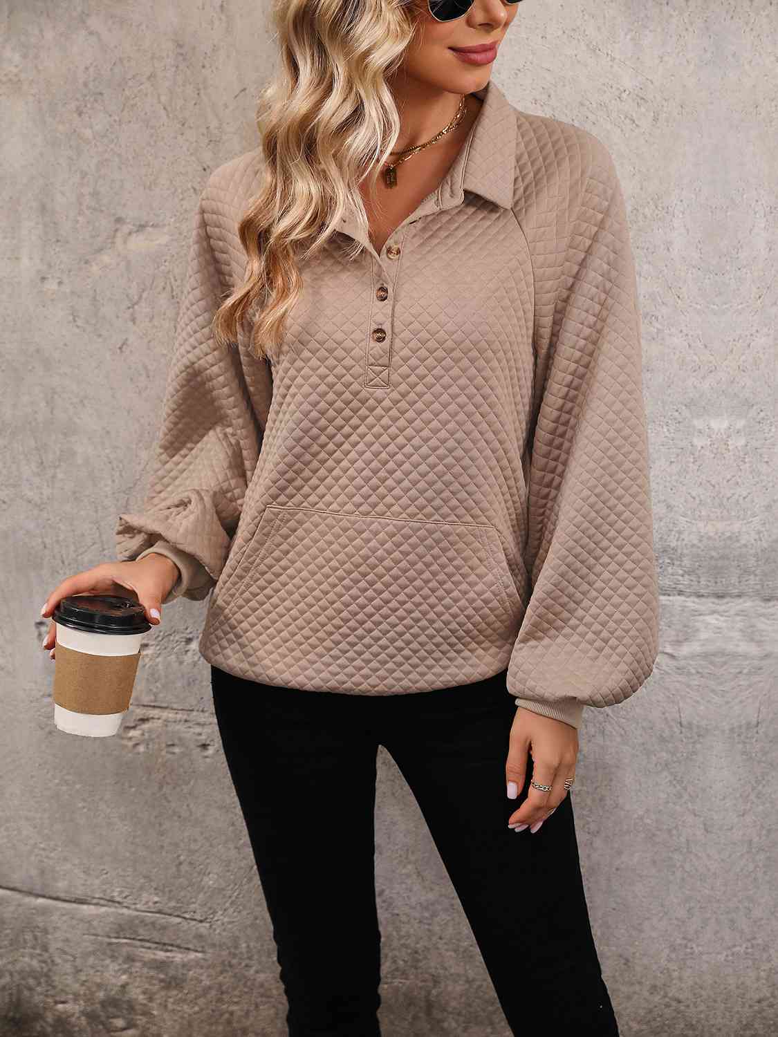 Collared Neck Buttoned Sweatshirt with Pocket king-general-store-5710.myshopify.com