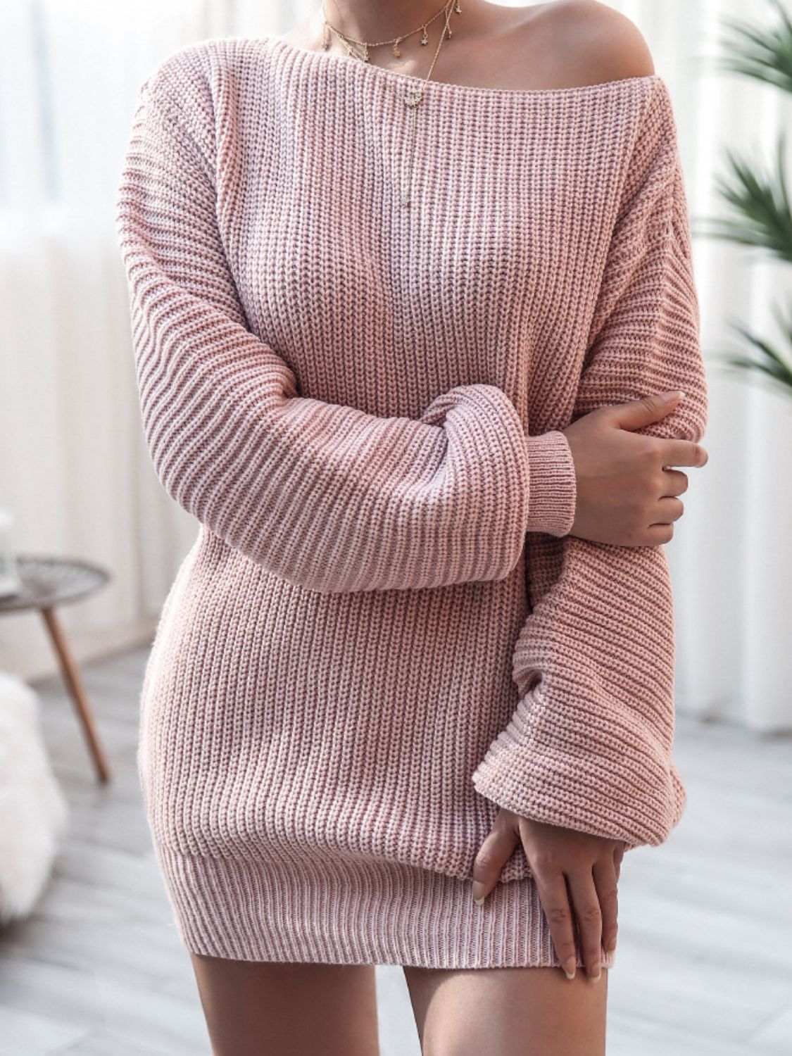 Rib-Knit Balloon Sleeve Boat Neck Sweater Dress king-general-store-5710.myshopify.com