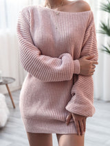 Rib-Knit Balloon Sleeve Boat Neck Sweater Dress king-general-store-5710.myshopify.com