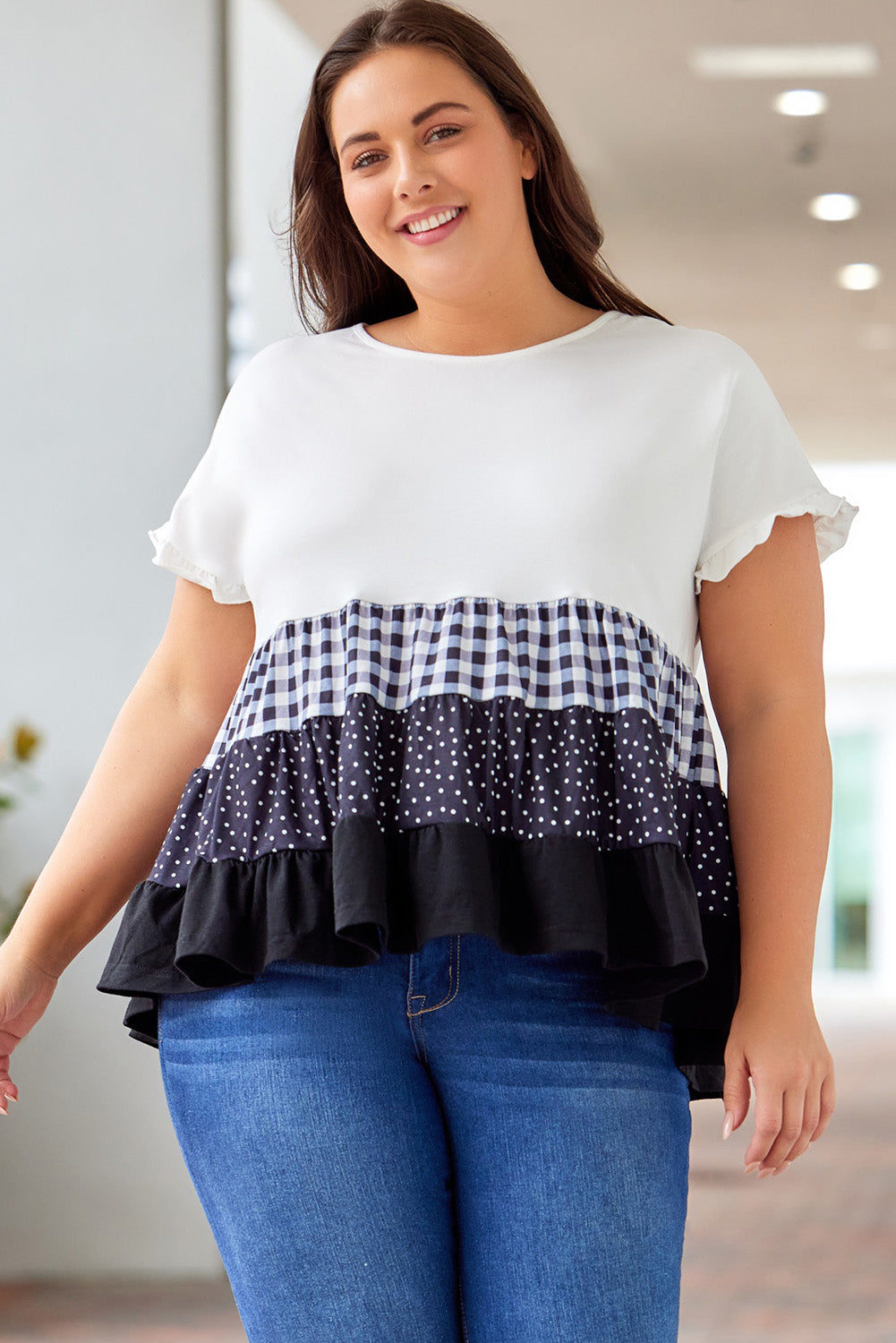 Plus Size Plaid Color Block Tiered Blouse king-general-store-5710.myshopify.com