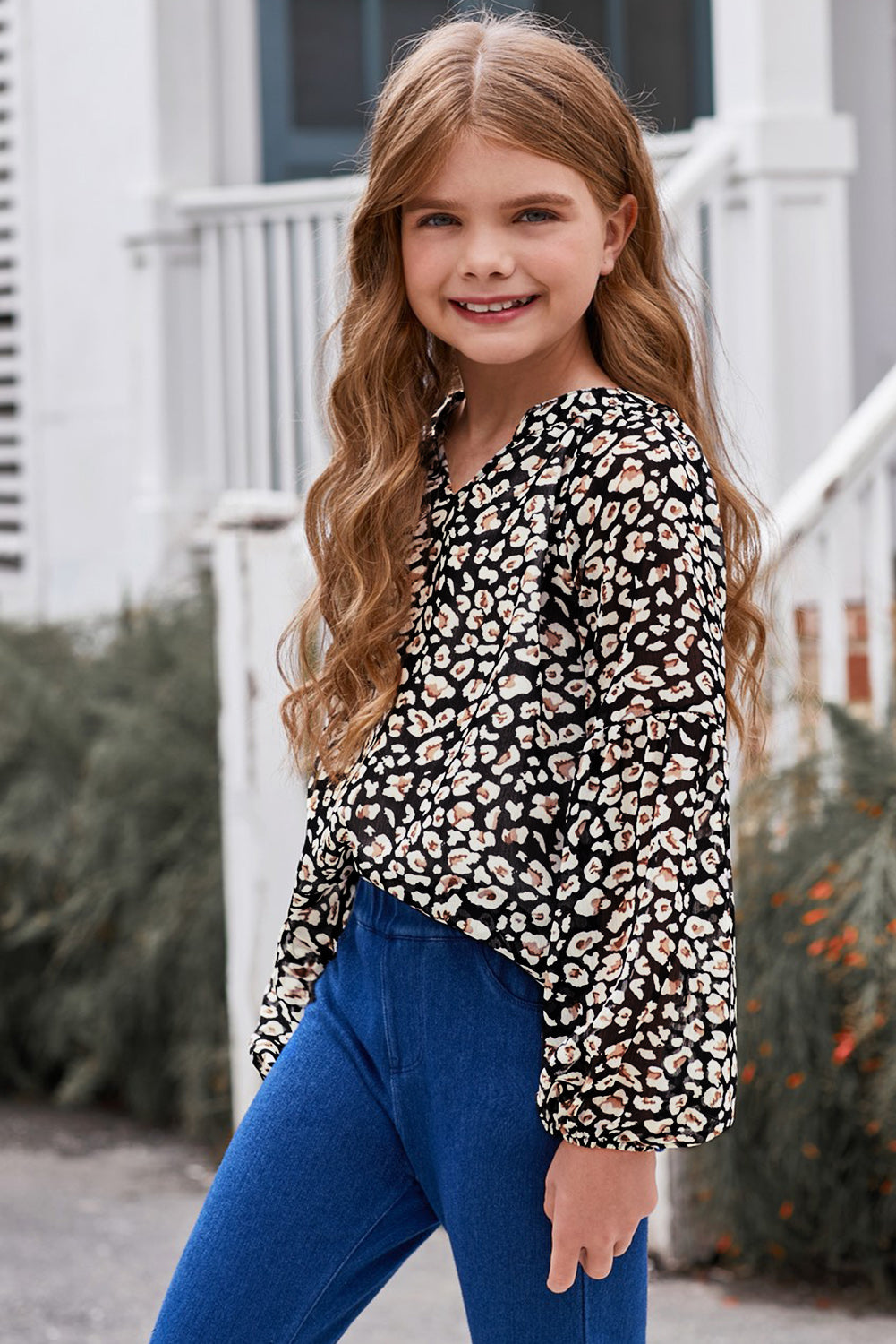 Girls Printed Notched Neck Puff Sleeve Blouse king-general-store-5710.myshopify.com