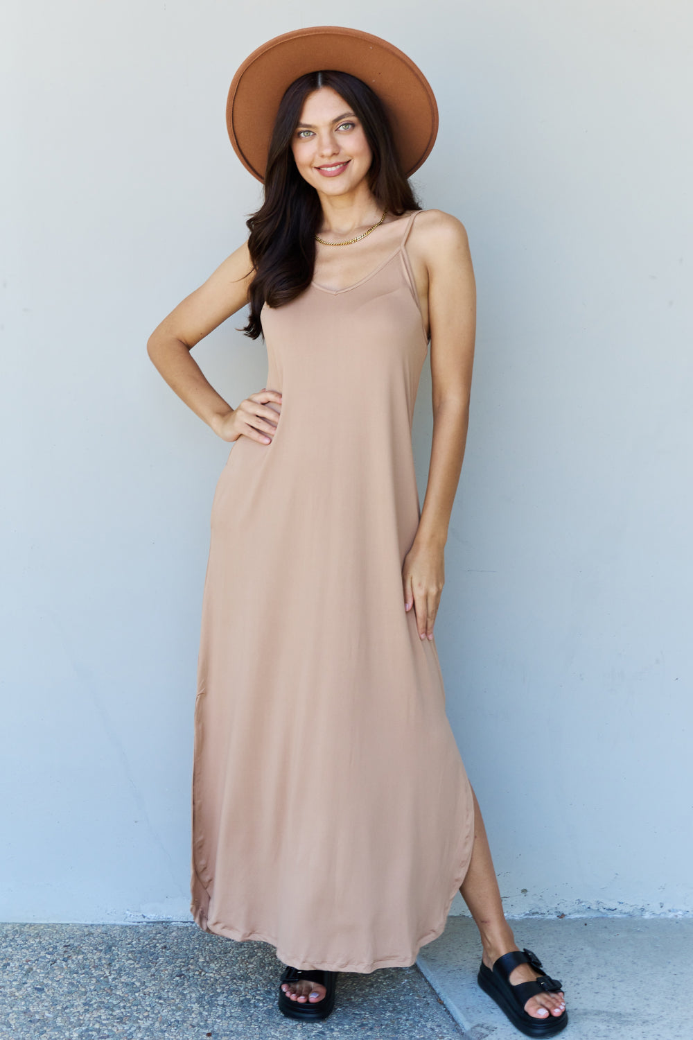 Ninexis Good Energy Full Size Cami Side Slit Maxi Dress in Camel king-general-store-5710.myshopify.com