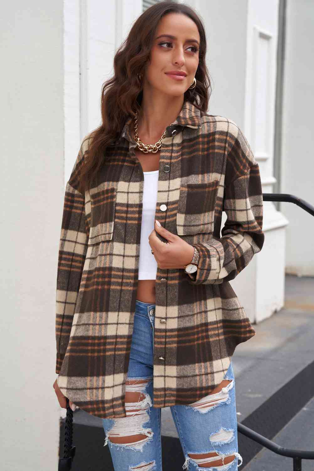 Plaid Curved Hem Dropped Shoulder Longline Shirt Jacket king-general-store-5710.myshopify.com