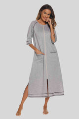 Zip Up Slit Round Neck Night Dress with Pockets king-general-store-5710.myshopify.com