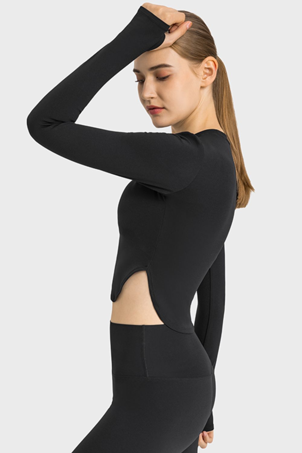 Side Slit Long Sleeve Round Neck Crop Top king-general-store-5710.myshopify.com