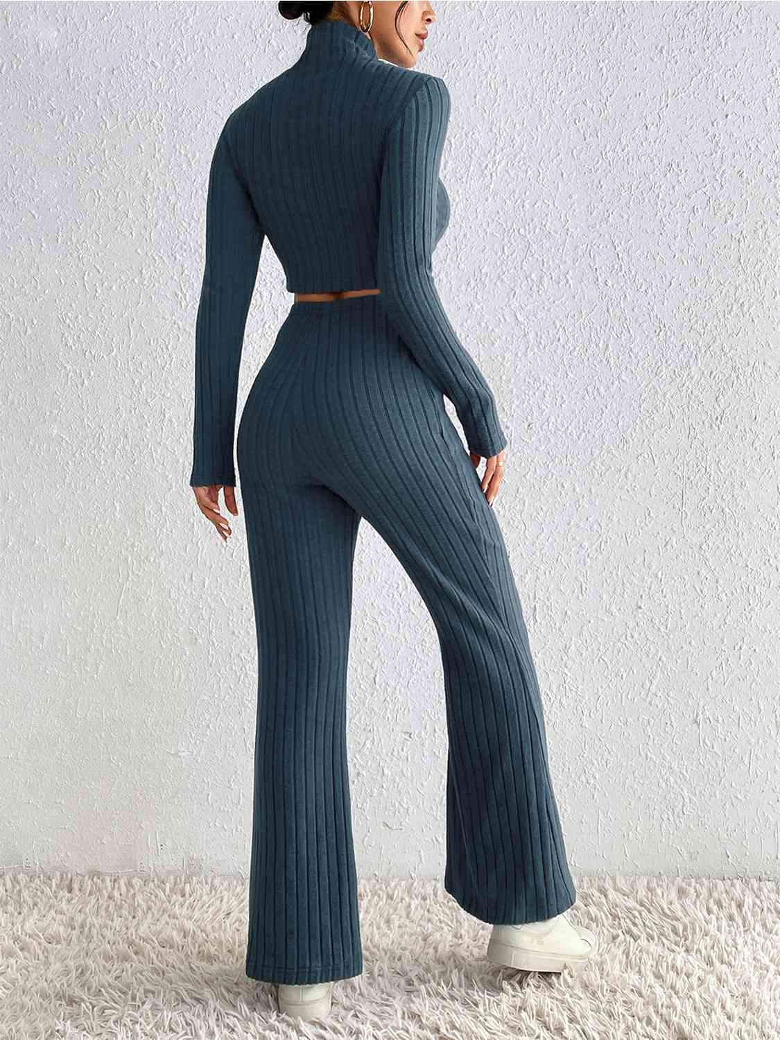 Ribbed Mock Neck Cropped Sweater & High Waist Pants Set king-general-store-5710.myshopify.com