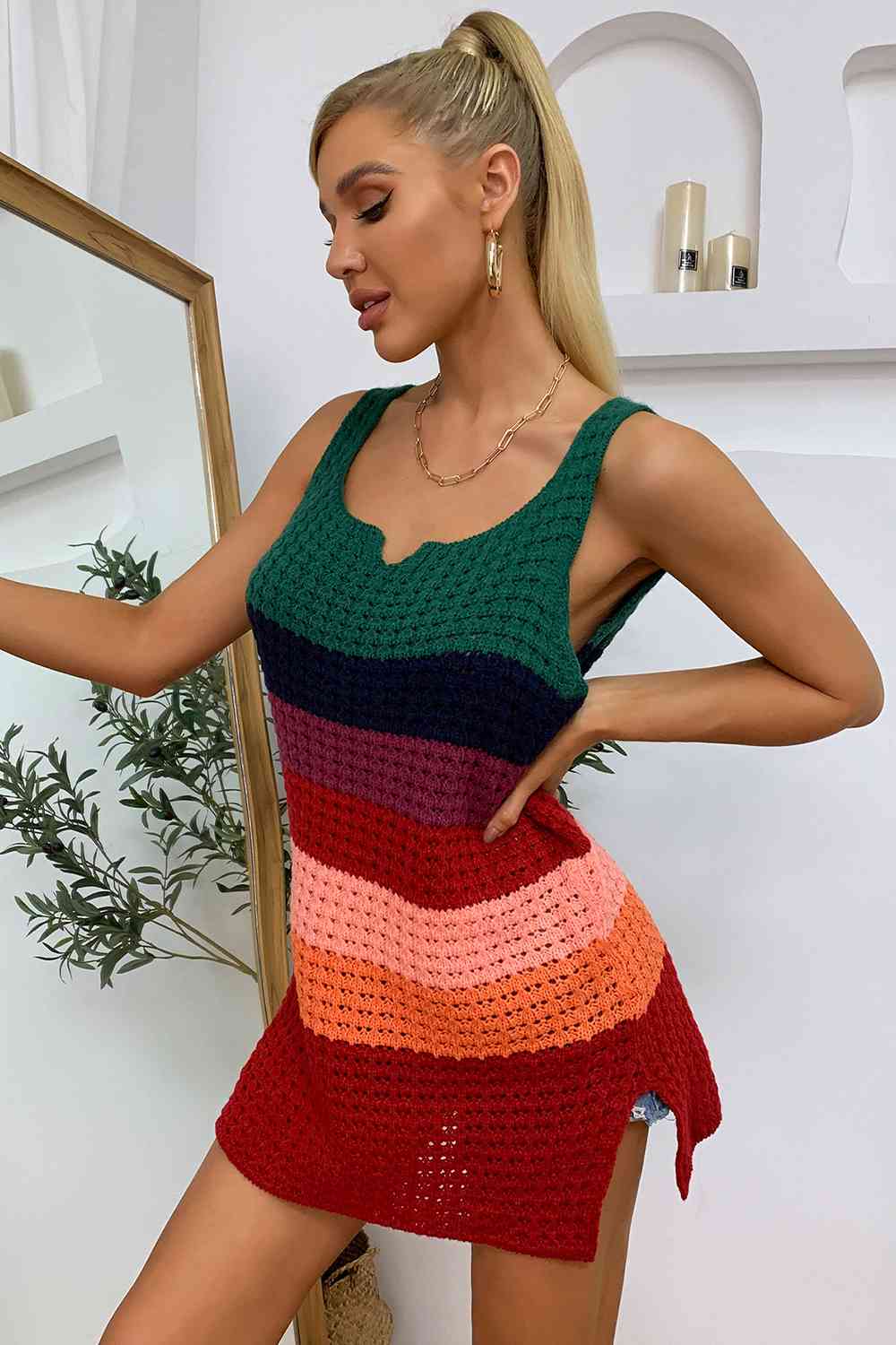 Color Block Notched Neck Slit Sweater Dress king-general-store-5710.myshopify.com