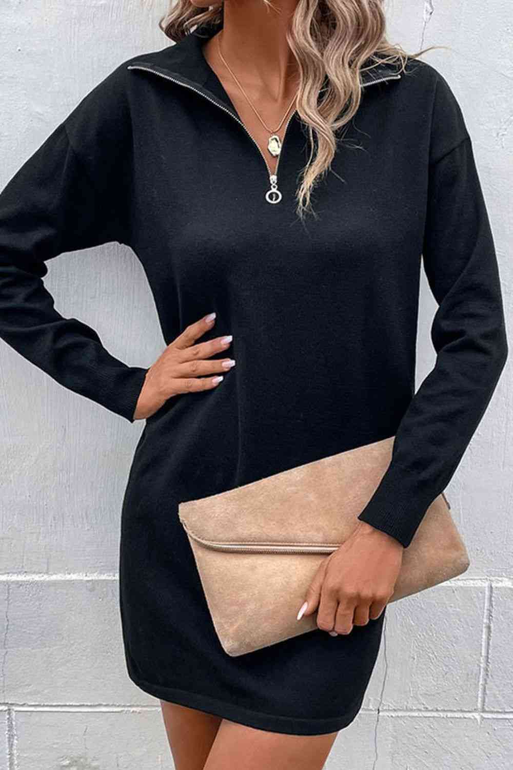 Quarter-Zip Dropped Shoulder Knit Dress king-general-store-5710.myshopify.com