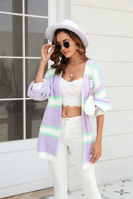 Color Block Ribbed Dropped Shoulder Open Front Cardigan king-general-store-5710.myshopify.com