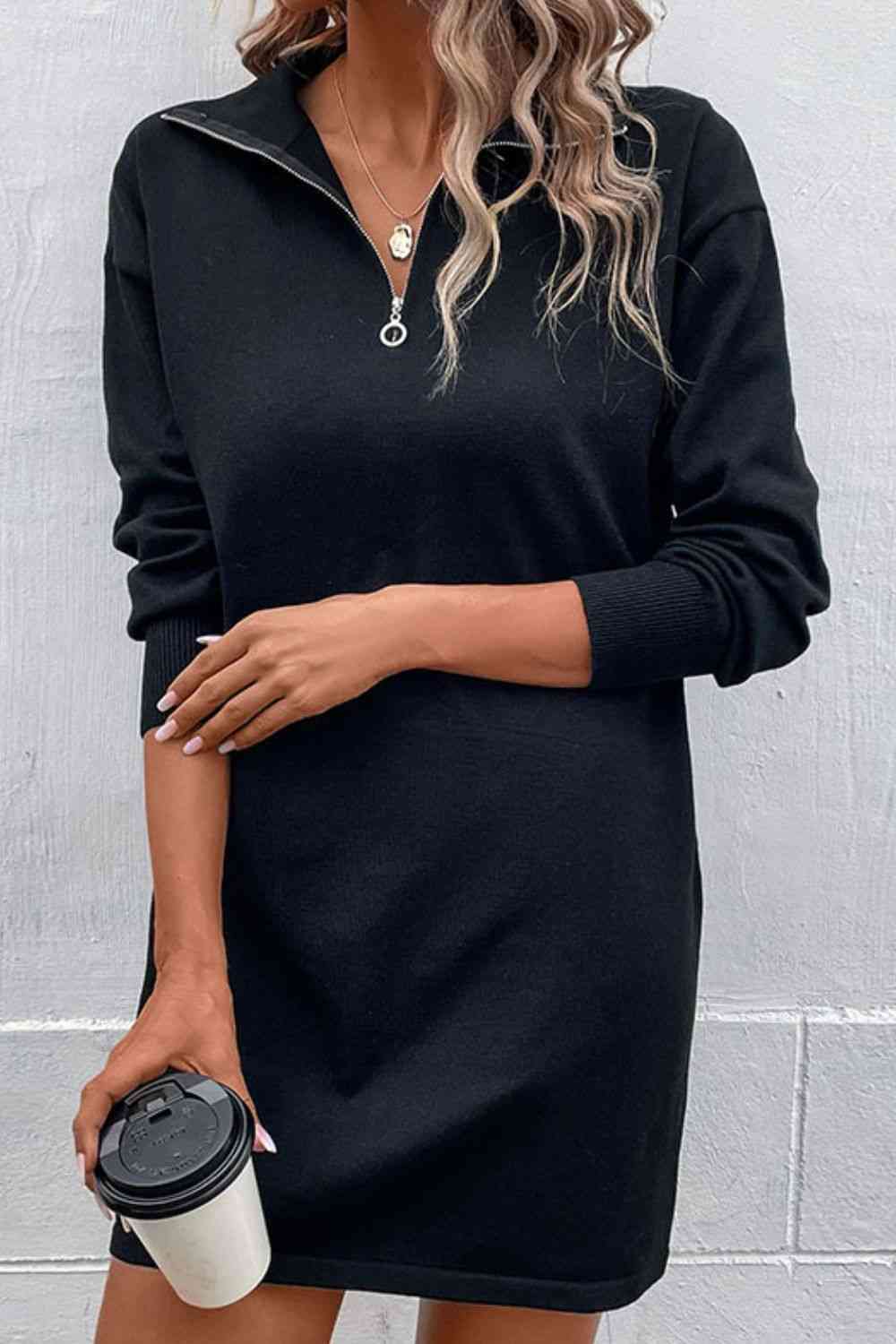 Quarter-Zip Dropped Shoulder Knit Dress king-general-store-5710.myshopify.com