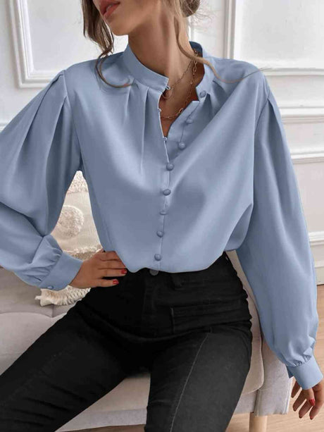 Mock Neck Button Front Shirt king-general-store-5710.myshopify.com