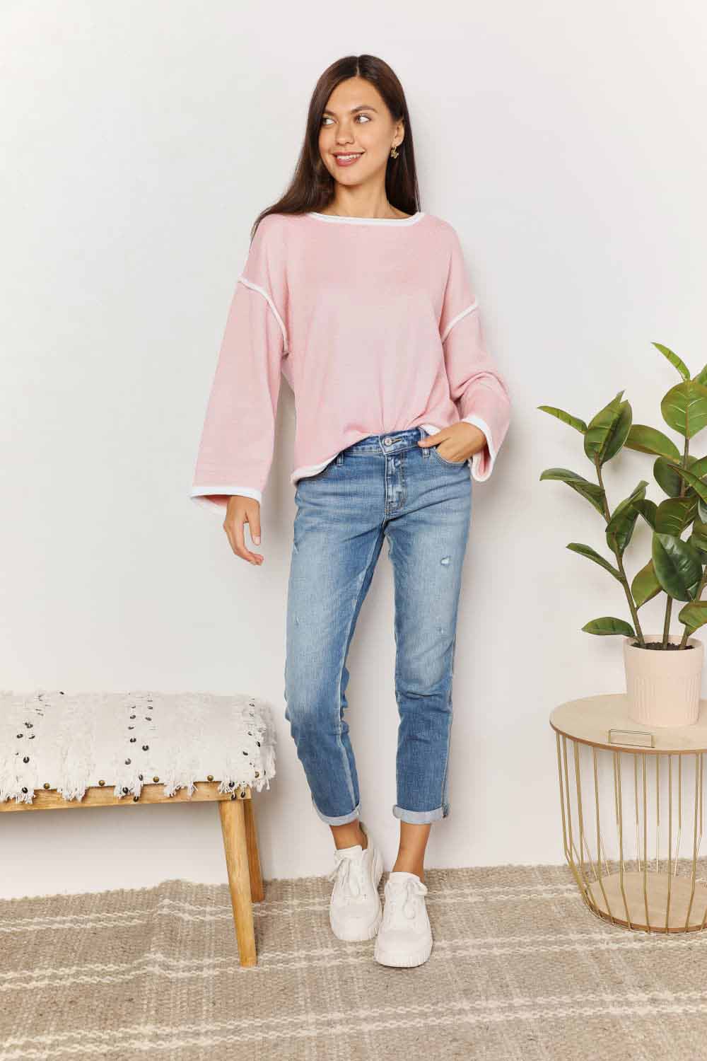 Double Take Contrast Detail Dropped Shoulder Knit Top king-general-store-5710.myshopify.com