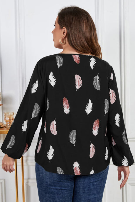 Plus Size Printed Round Neck Long Sleeve Cutout Blouse king-general-store-5710.myshopify.com